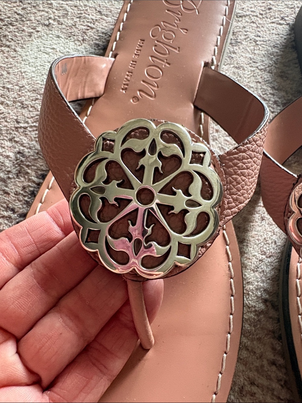 Brighton Pink Sand Blush Tan Leather Thong Sandals with Floral Medallion - Picture 5 of 7